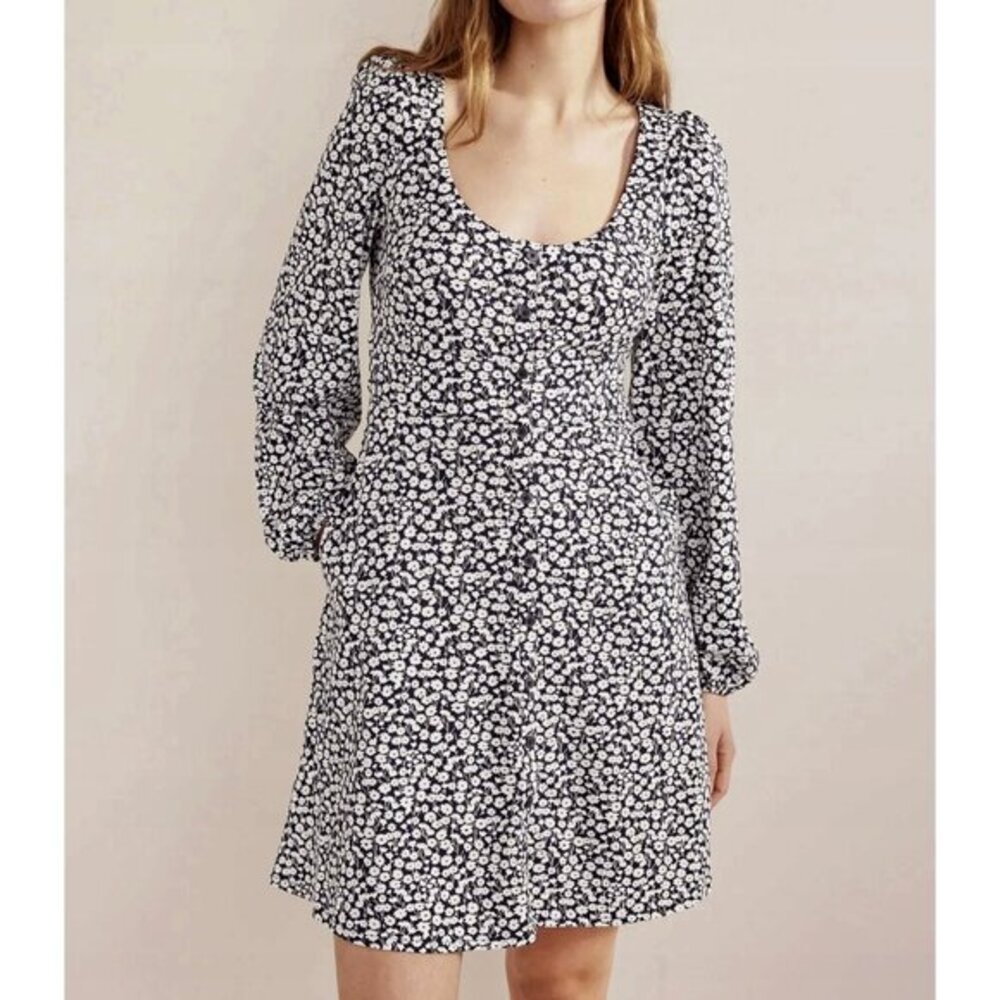 Like New Boden Cotton Modal Floral Button-Front Dress Navy White 2, XS